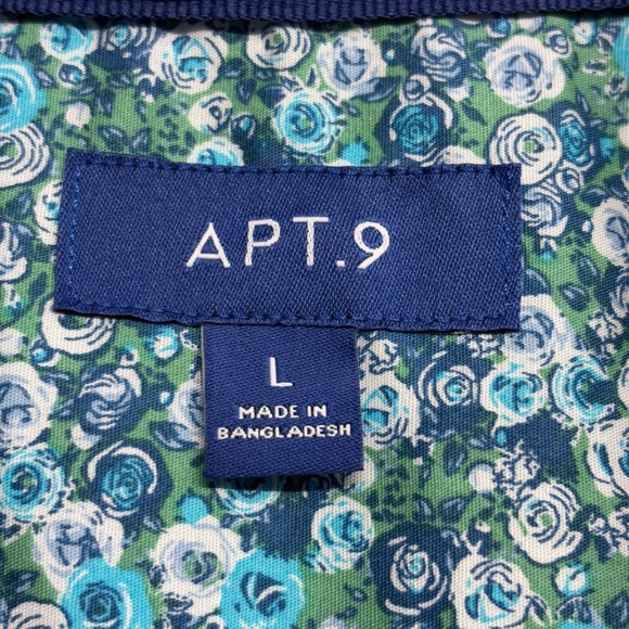 Apt 9 Floral Short Sleeve Button Down Shirt L Blue Green Collared - Picture 3 of 7